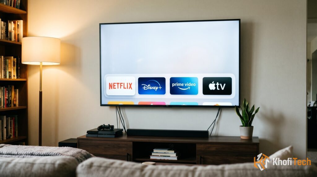 Does Netflix Have a Free Trial in 2026? (How to Watch for Free) A smart TV displaying icons of top streaming services like Disney Plus, Prime Video, Netflix, and Apple TV Plus