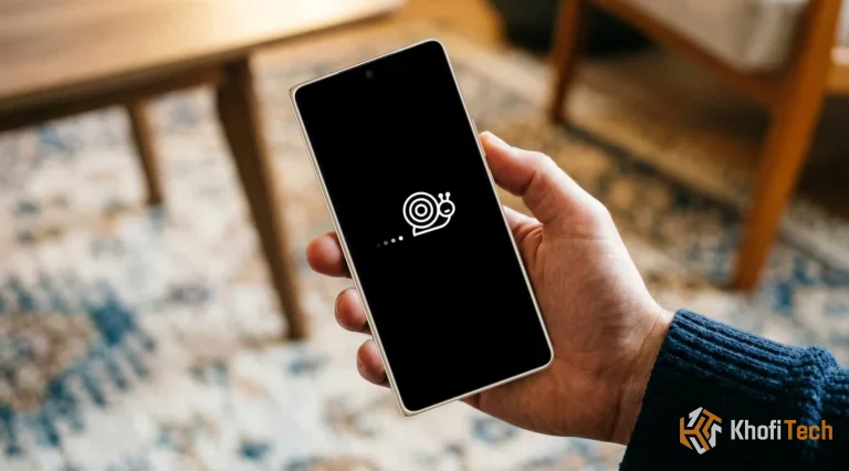 Match): ⁠Hand holding a black smartphone showing a slow loading snail icon illustrating why is my phone running so slow