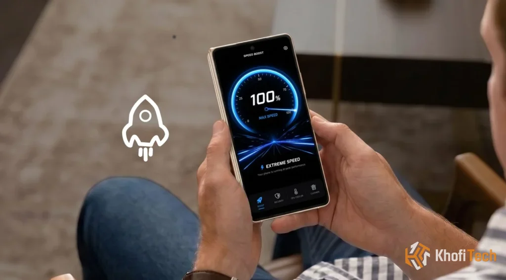 Smartphone screen displaying extreme speed boost gauge at 100 percent showing how to make your phone run faster⁠