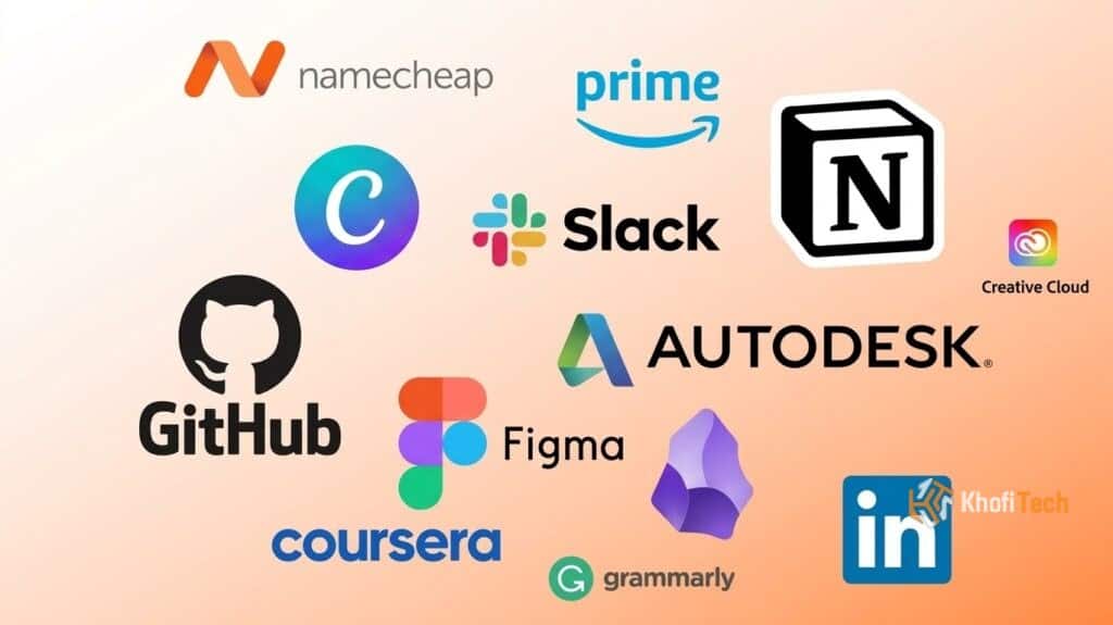 Popular online tools for students including Slack, GitHub, Canva, and LinkedIn.