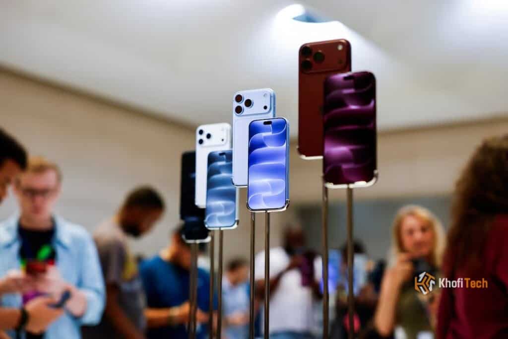 New iPhone 15 series showcased with vibrant colors at tech event.