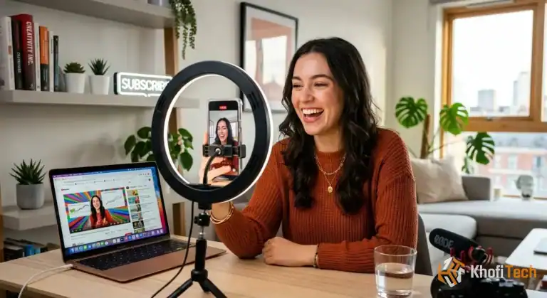 Young woman recording video with smartphone and ring light for content creation.