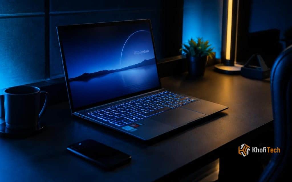 The right way to back up a laptop you travel with Modern laptop on desk with ambient lighting and potted plant for tech workspace.