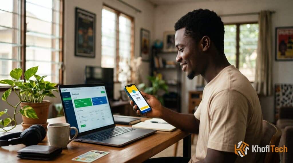 Man transferring Upwork and Fiverr earnings to mobile money in Ghana.