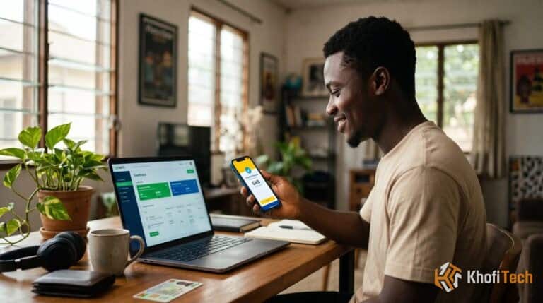 Man transferring Upwork and Fiverr earnings to mobile money in Ghana.