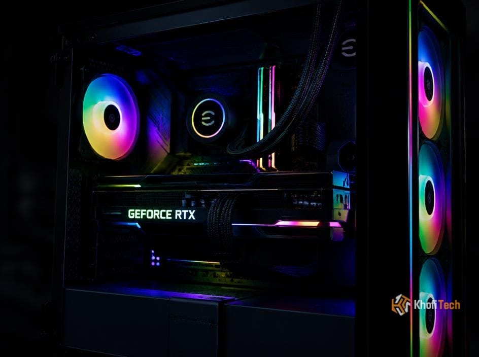 Gaming PC with RGB fans, GeForce RTX graphics card, and custom cooling system.