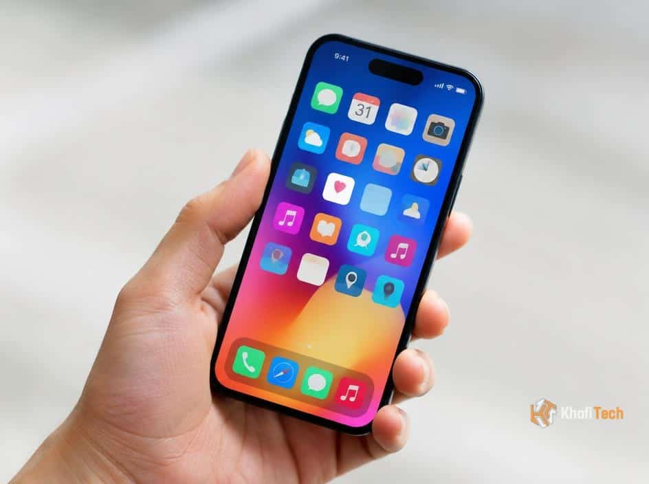 Close-up of a smartphone showing colorful app icons on screen.