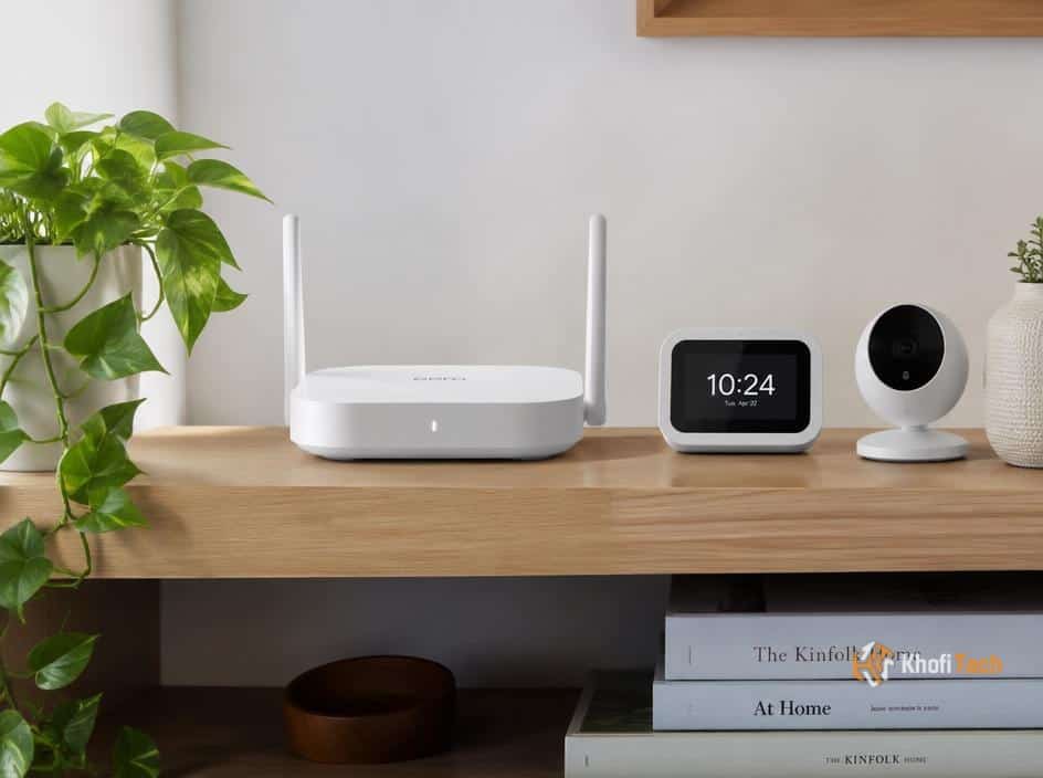 Modern smart home devices including Wi-Fi router, digital clock, and security camera on wooden shelf.